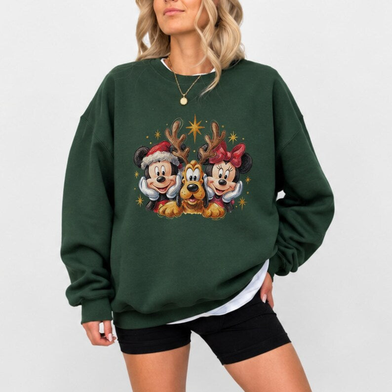Mickey Minnie Pluto Christmas Sweatshirt, Vintage Disney Holiday Hoodie, Retro Reindeer Christmas Shirt, Disney World Christmas Trip Tee