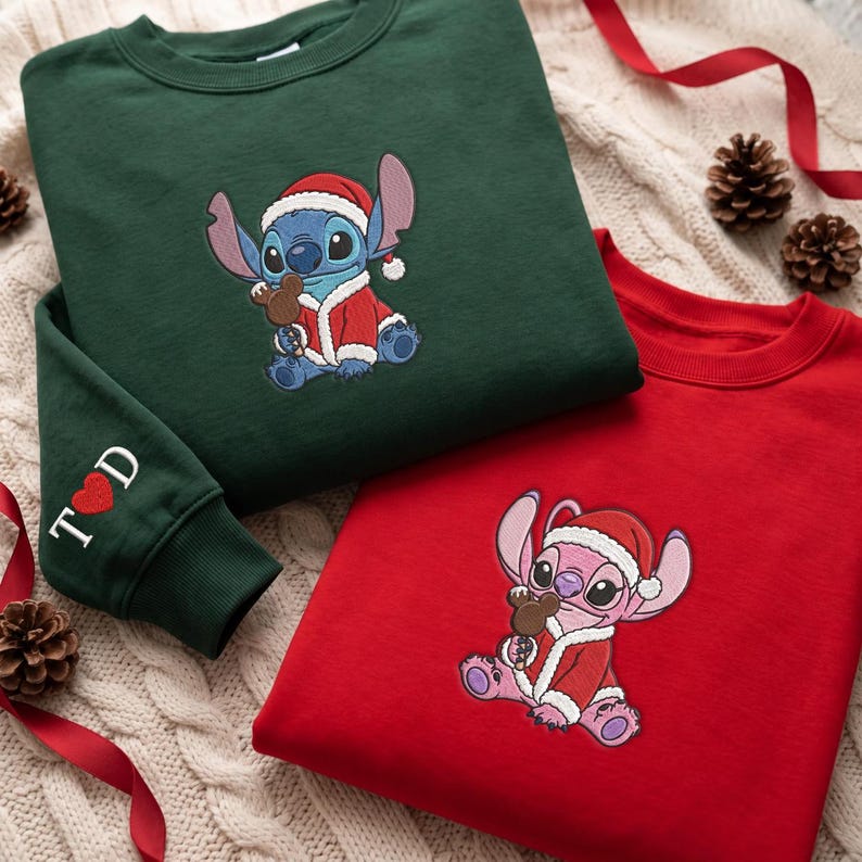 Custom Embroidered Stitch and Angel Sweatshirt, Mickey Ears Ice Cream Christmas Tee, Disney Cute Couples Christmas Stitch Angel Christmas