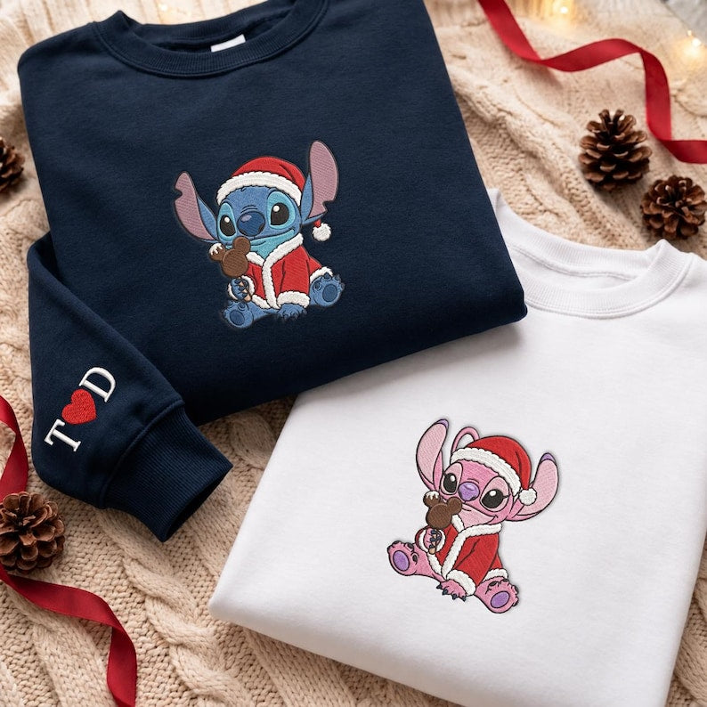 Custom Embroidered Stitch and Angel Sweatshirt, Mickey Ears Ice Cream Christmas Tee, Disney Cute Couples Christmas Stitch Angel Christmas