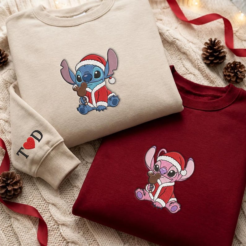 Custom Embroidered Stitch and Angel Sweatshirt, Mickey Ears Ice Cream Christmas Tee, Disney Cute Couples Christmas Stitch Angel Christmas