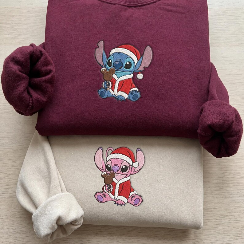 Custom Embroidered Stitch and Angel Sweatshirt, Mickey Ears Ice Cream Christmas Tee, Disney Cute Couples Christmas Stitch Angel Christmas