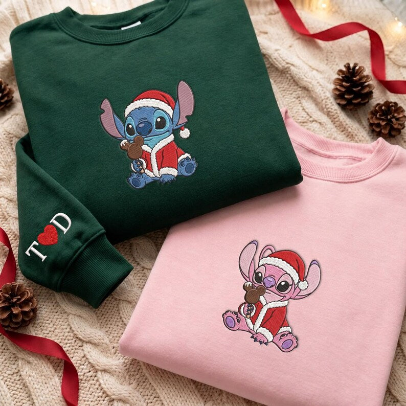 Custom Embroidered Stitch and Angel Sweatshirt, Mickey Ears Ice Cream Christmas Tee, Disney Cute Couples Christmas Stitch Angel Christmas