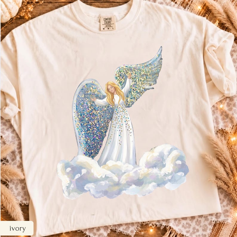 Faux Glitter Angel on Clouds Shirt, Celestial Comfort Colors Tee, Christmas Angel Gift, Spiritual Winter T-Shirt
