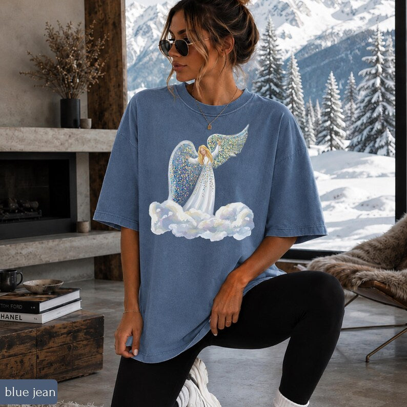 Faux Glitter Angel on Clouds Shirt, Celestial Comfort Colors Tee, Christmas Angel Gift, Spiritual Winter T-Shirt