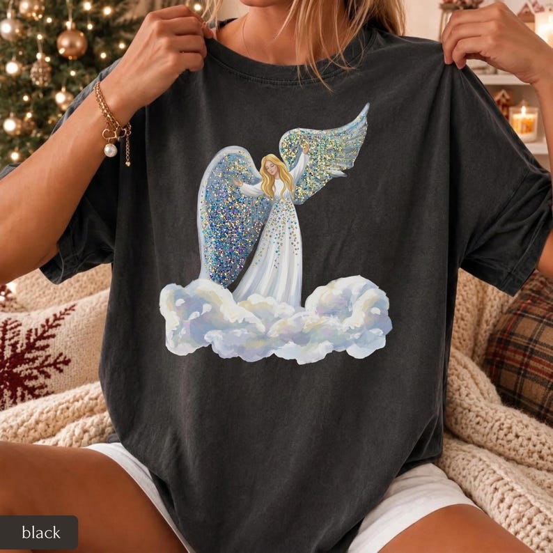 Faux Glitter Angel on Clouds Shirt, Celestial Comfort Colors Tee, Christmas Angel Gift, Spiritual Winter T-Shirt