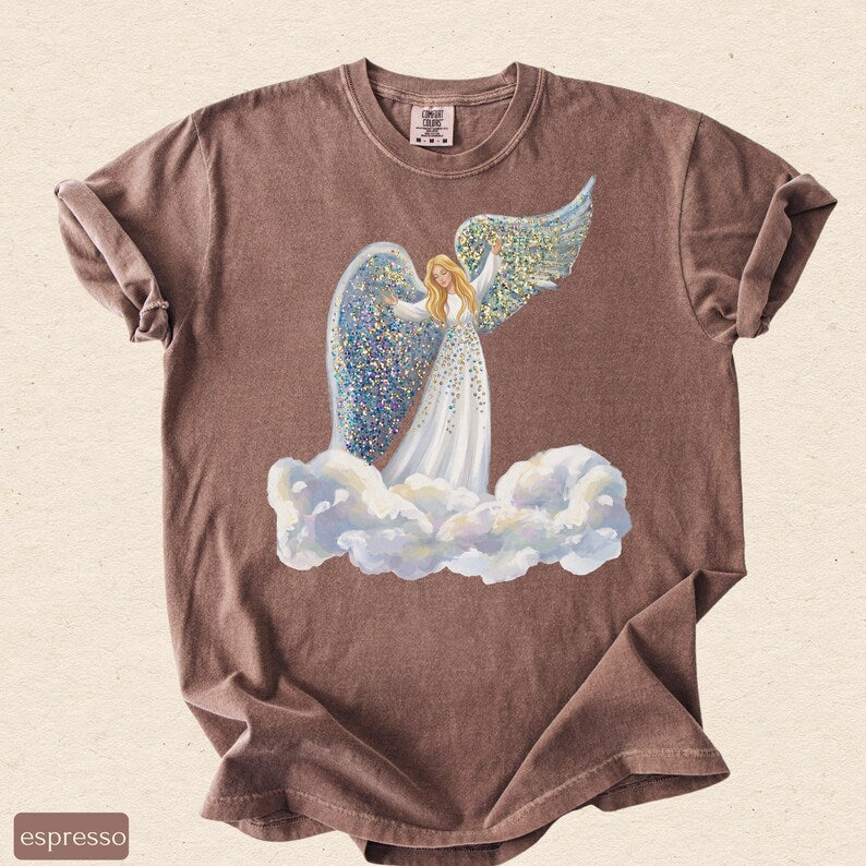 Faux Glitter Angel on Clouds Shirt, Celestial Comfort Colors Tee, Christmas Angel Gift, Spiritual Winter T-Shirt