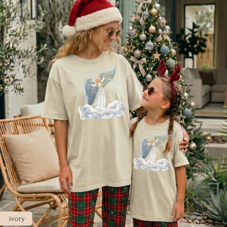 Faux Glitter Angel on Clouds Shirt, Celestial Comfort Colors Tee, Christmas Angel Gift, Spiritual Winter T-Shirt