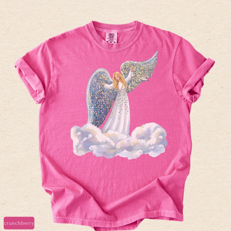 Faux Glitter Angel on Clouds Shirt, Celestial Comfort Colors Tee, Christmas Angel Gift, Spiritual Winter T-Shirt