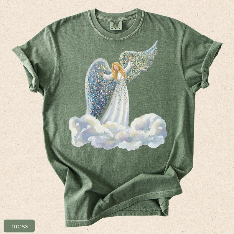 Faux Glitter Angel on Clouds Shirt, Celestial Comfort Colors Tee, Christmas Angel Gift, Spiritual Winter T-Shirt