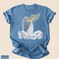 Faux Glitter Angel on Clouds Shirt, Celestial Comfort Colors Tee, Christmas Angel Gift, Spiritual Winter T-Shirt