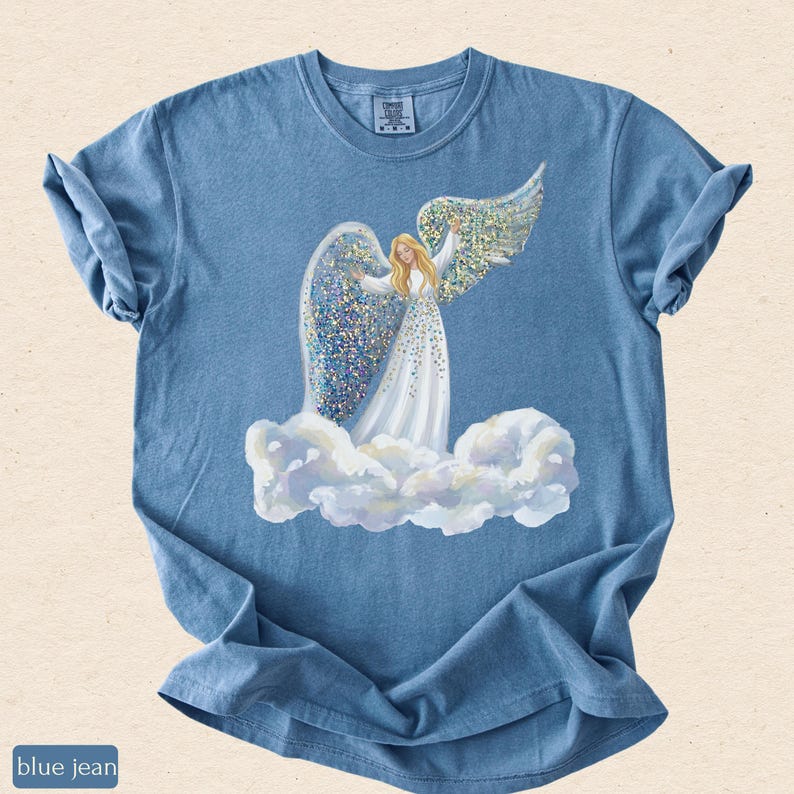 Faux Glitter Angel on Clouds Shirt, Celestial Comfort Colors Tee, Christmas Angel Gift, Spiritual Winter T-Shirt