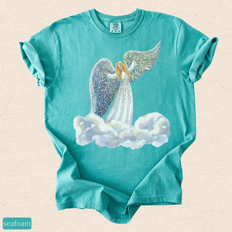 Faux Glitter Angel on Clouds Shirt, Celestial Comfort Colors Tee, Christmas Angel Gift, Spiritual Winter T-Shirt