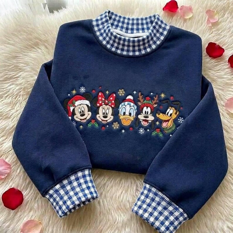 Mickey and Friends Christmas Embroidered Sweatshirt, Disney Gingham Mock Neck Sweater, Minnie Donald Goofy Pluto Christmas Vacation Shirt