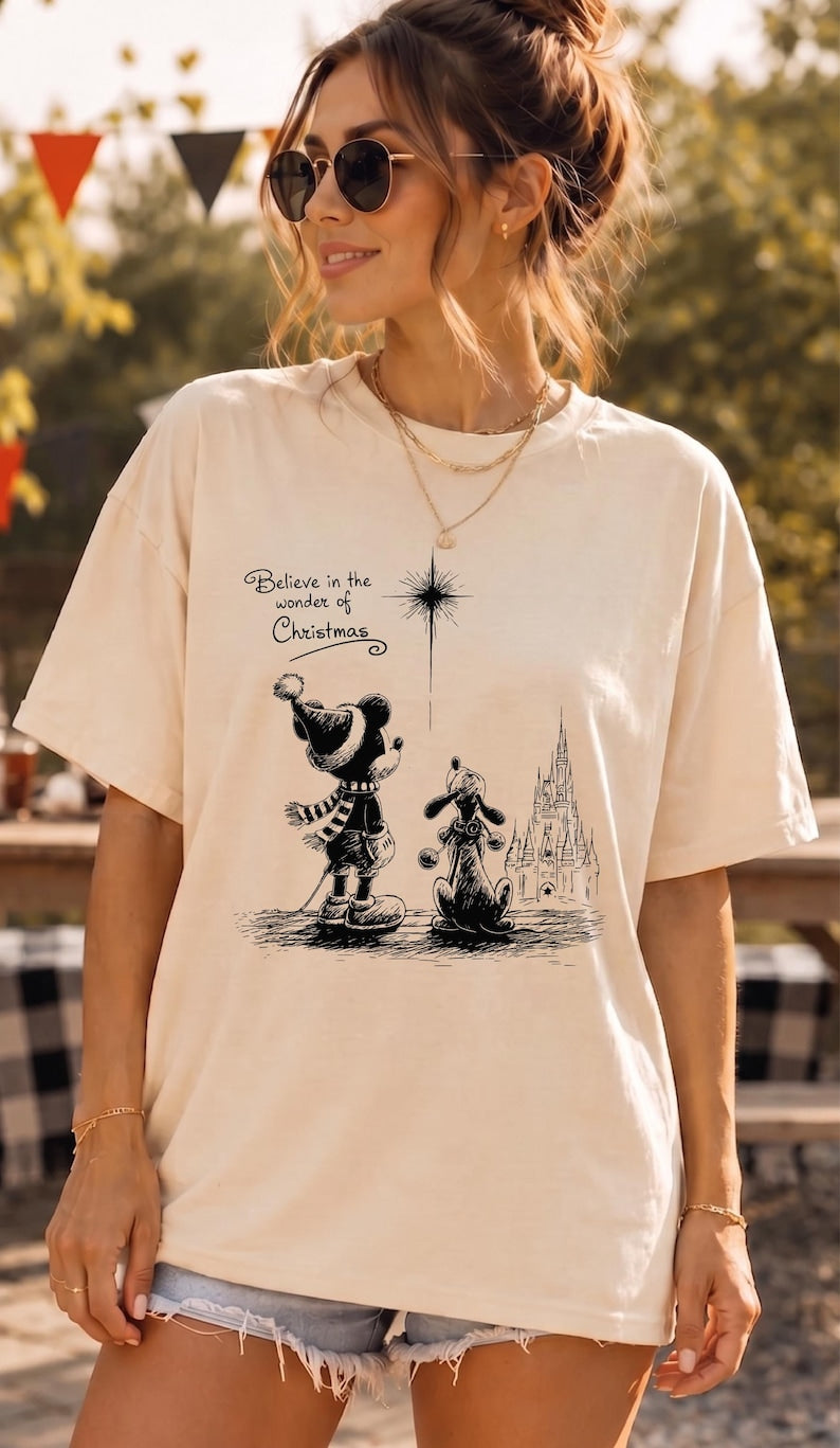 Mickey Pluto Christmas Shirt, Disney Christmas Family Tee, Believe in the Wonder of Chirstmas Holiday, WDW Magic Kingdom Trip Comfort Colors