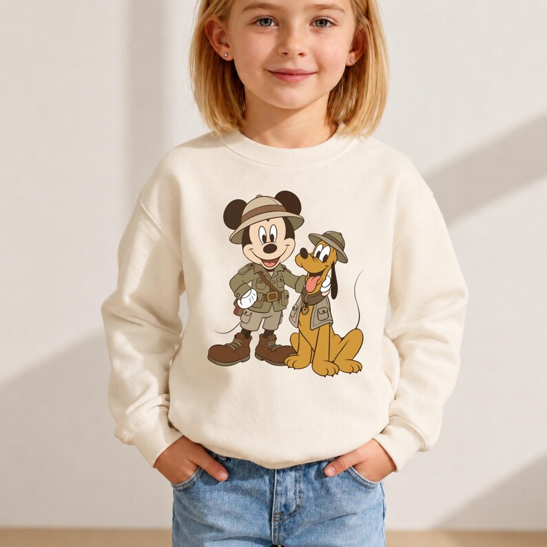 Disney Safari Kids Shirt, Mickey Pluto Graphic Tee, Explorer Hat Portrait Crew Tops, Night Friends Group Trip Park Gift Sweatshirt