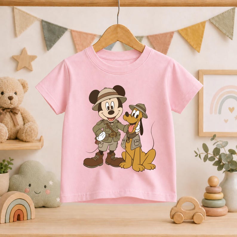 Disney Safari Kids Shirt, Mickey Pluto Graphic Tee, Explorer Hat Portrait Crew Tops, Night Friends Group Trip Park Gift Sweatshirt