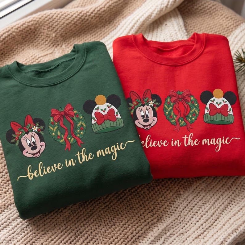 Believe In The Magic Christmas Embroidered Sweatshirt, Minnie Mickey Holiday Sweater, Pluto Christmas Shirt, Disney Gift