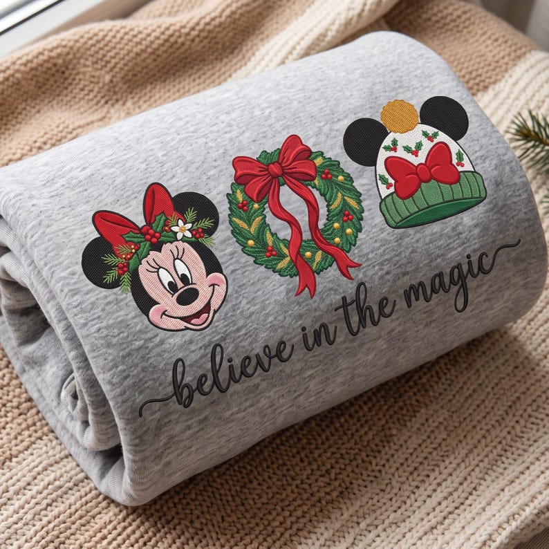 Believe In The Magic Christmas Embroidered Sweatshirt, Minnie Mickey Holiday Sweater, Pluto Christmas Shirt, Disney Gift