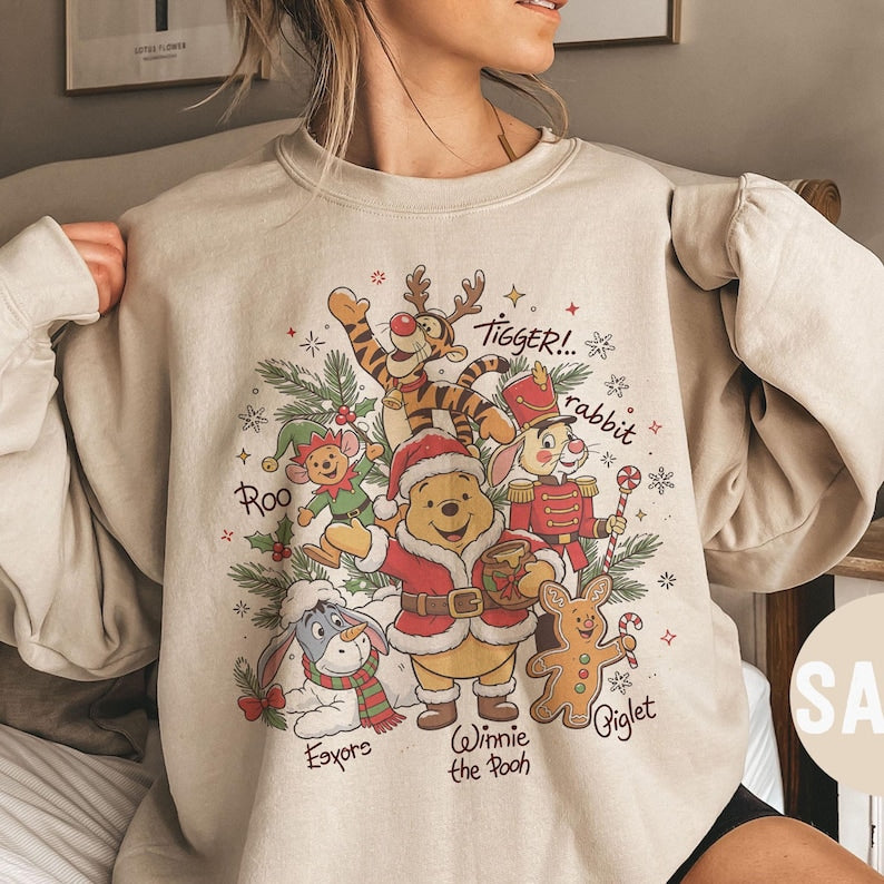 Vintage Winnie the Pooh Christmas Comfort Colors Shirt, Pooh and Friends Signature Holiday Tee, Retro Disney Family Matching Xmas Sweatshirt