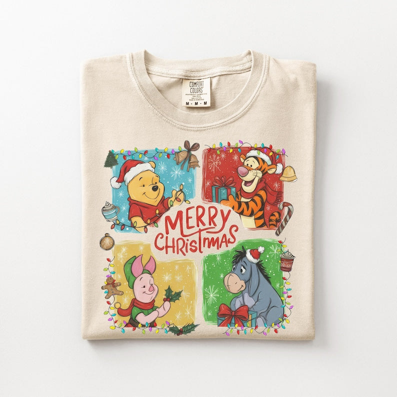 Winnie the Pooh Christmas Shirt, Comfort Colors Unisex Tee, Tigger Eeyore Piglet, Merry Christmas