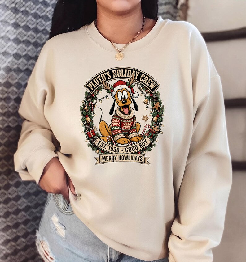 Pluto Christmas Shirt, Disney Holiday Crew T-shirt, Vintage Disney Xmas Sweatshirt, Retro Merry Howlidays Dog Mom Shirt