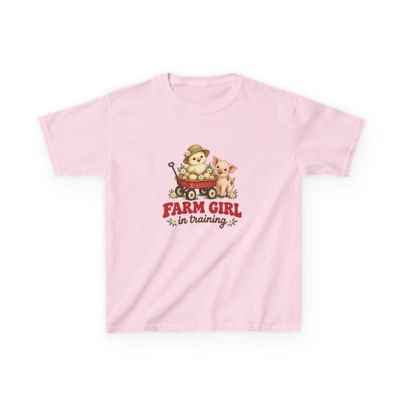 Farm Girl in Training Girls Tee | Retro Baby Chick and Piglet Farm Shirt