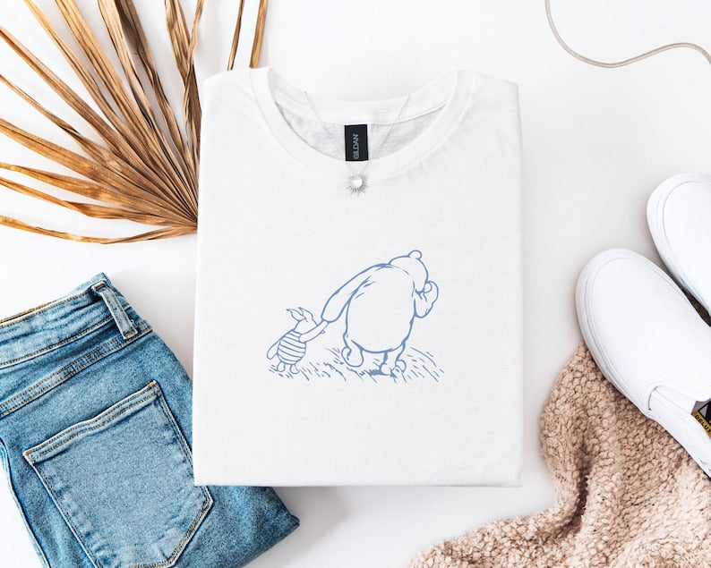 Winnie the Pooh and Piglet T-Shirt, Walking Friends Line Art