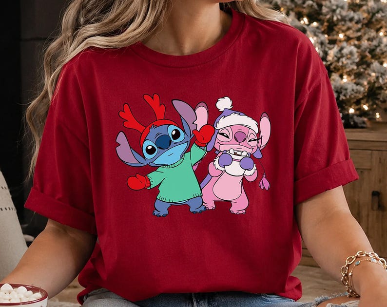 Stitch Christmas T-Shirt, Angel Stitch Holiday Tee, Disney Alien Xmas Tshirt, Cartoon Reindeer Antlers Shirt, Cute Winter Character Tee