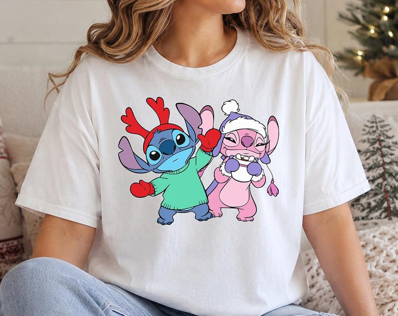 Stitch Christmas T-Shirt, Angel Stitch Holiday Tee, Disney Alien Xmas Tshirt, Cartoon Reindeer Antlers Shirt, Cute Winter Character Tee
