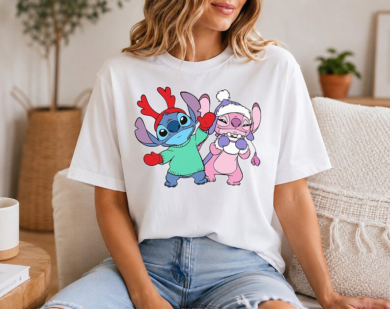 Stitch Christmas T-Shirt, Angel Stitch Holiday Tee, Disney Alien Xmas Tshirt, Cartoon Reindeer Antlers Shirt, Cute Winter Character Tee