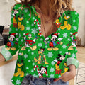 Disney Xmas Blouse for Women, Mickey Mouse Santa Hat Pluto Tree Lights Pattern, Lightweight Collar Shirt Roll Up Sleeve, Christmas Top