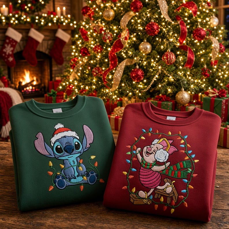 Embroidered Stitch & Piglet Christmas Sweatshirt, Disney Christmas Light Shirt, Winnie the Pooh Xmas Hoodie, Disney Shirt, Disneyland Outfit