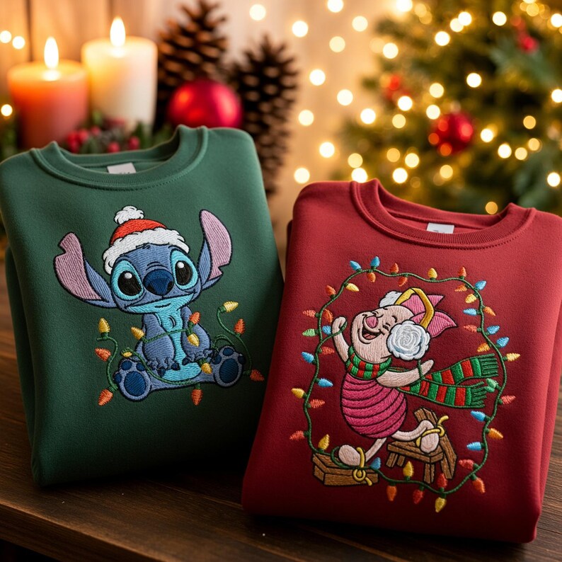 Embroidered Stitch & Piglet Christmas Sweatshirt, Disney Christmas Light Shirt, Winnie the Pooh Xmas Hoodie, Disney Shirt, Disneyland Outfit