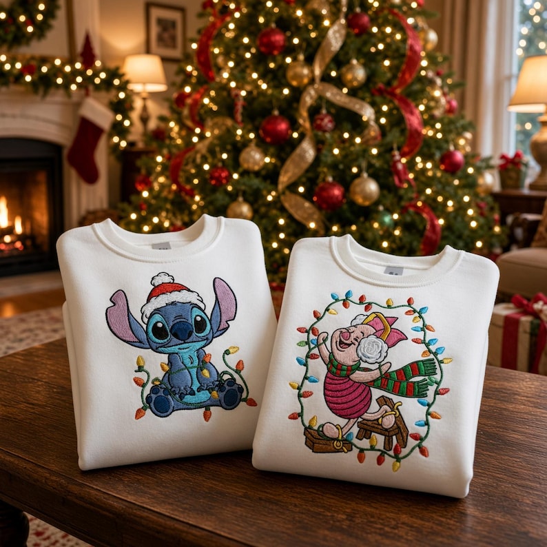 Embroidered Stitch & Piglet Christmas Sweatshirt, Disney Christmas Light Shirt, Winnie the Pooh Xmas Hoodie, Disney Shirt, Disneyland Outfit