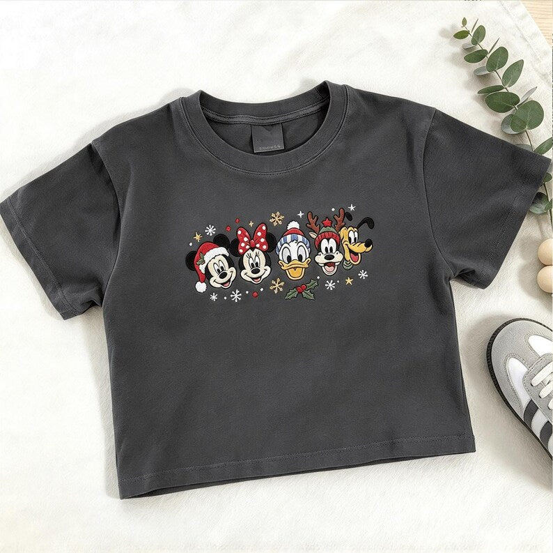 Mickey and Friends Christmas Embroidered Baby Tee, Disney Holiday Crop Top, Minnie Donald Goofy Pluto Shirt, Disney Christmas Outfit