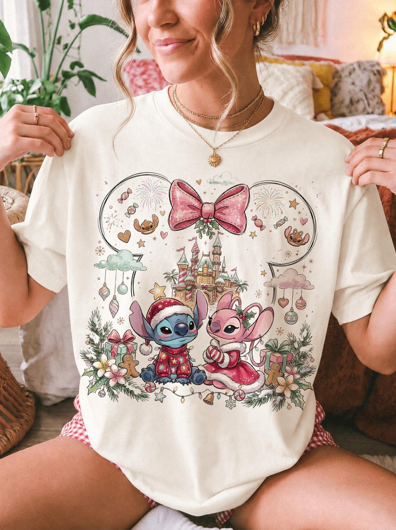 Stitch And Angel Christmas Comfort Colors® Shirt, Merry Stitchmas T-Shirt, Disney Couple Xmas Trip Tee