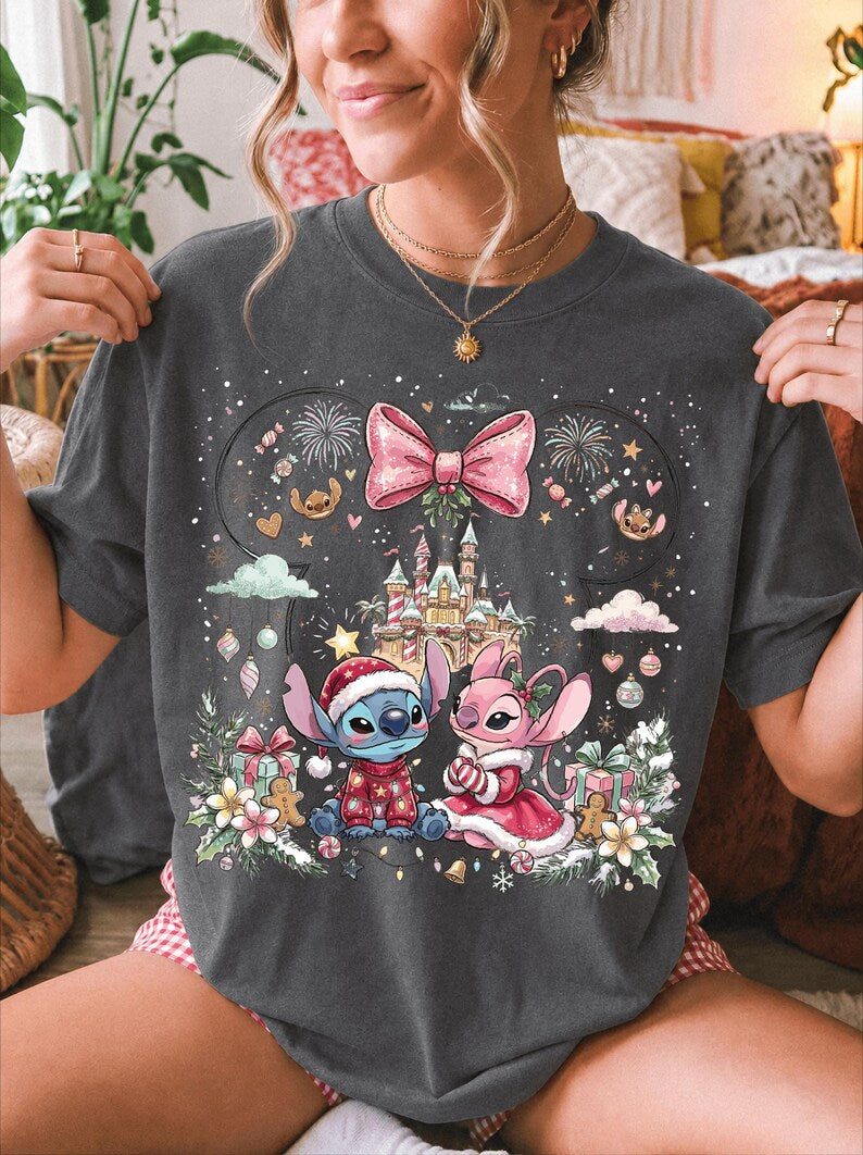 Stitch And Angel Christmas Comfort Colors® Shirt, Merry Stitchmas T-Shirt, Disney Couple Xmas Trip Tee