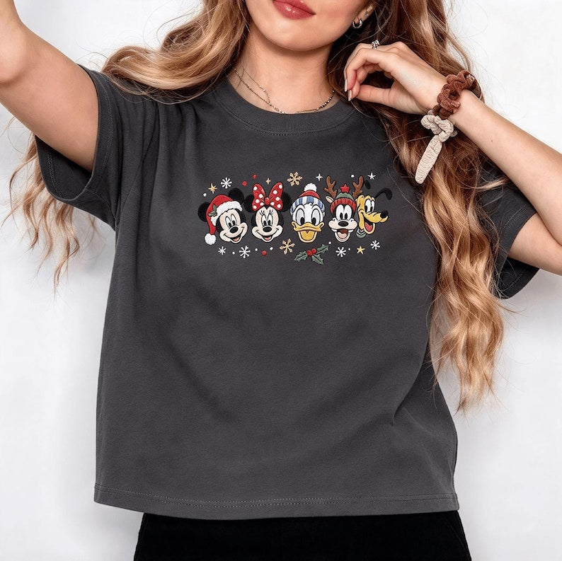 Mickey and Friends Christmas Embroidered Baby Tee, Disney Holiday Crop Top, Minnie Donald Goofy Pluto Shirt, Disney Christmas Outfit