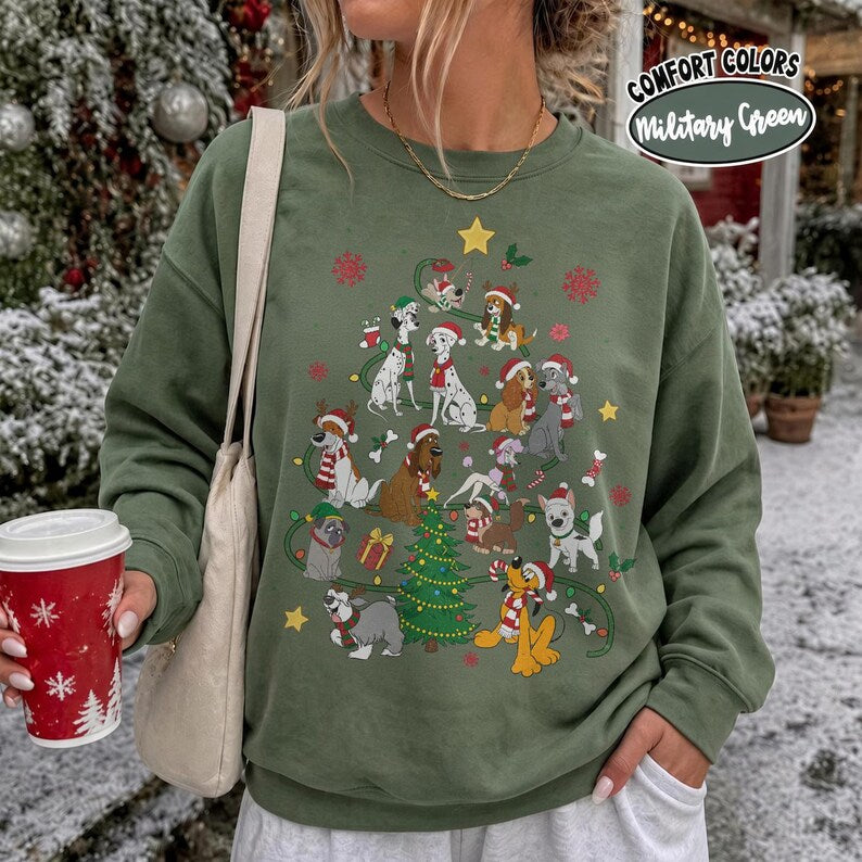 Disney Dogs Cats Group Christmas Tree Lights Comfort Color Shirt, Pluto Goofy Bolt Lady Figaro Marie Duchess Dogs Cats Christmas Trip Shirt