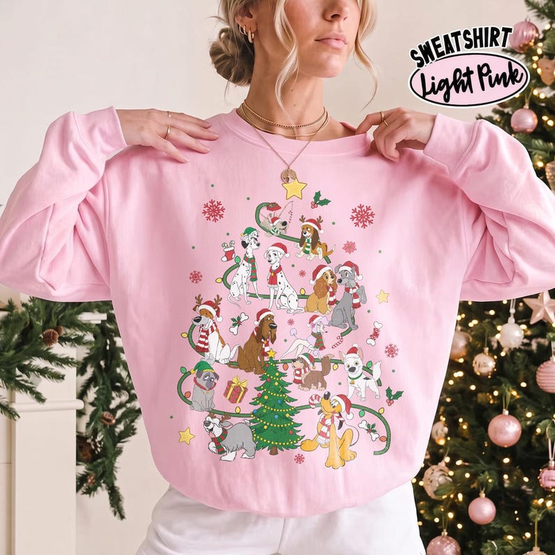 Disney Dogs Cats Group Christmas Tree Lights Comfort Color Shirt, Pluto Goofy Bolt Lady Figaro Marie Duchess Dogs Cats Christmas Trip Shirt