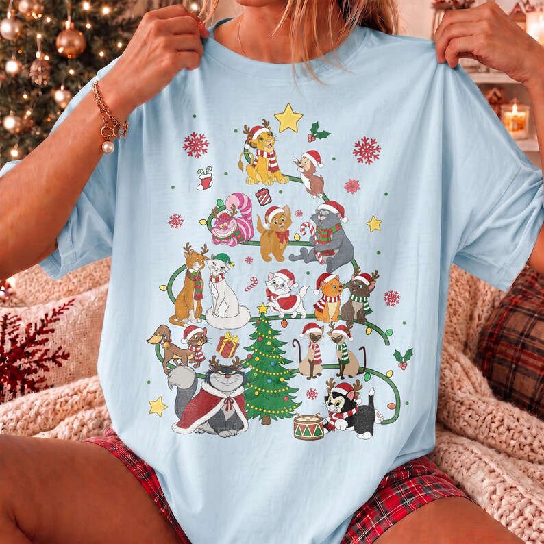 Disney Dogs Cats Group Christmas Tree Lights Comfort Color Shirt, Pluto Goofy Bolt Lady Figaro Marie Duchess Dogs Cats Christmas Trip Shirt