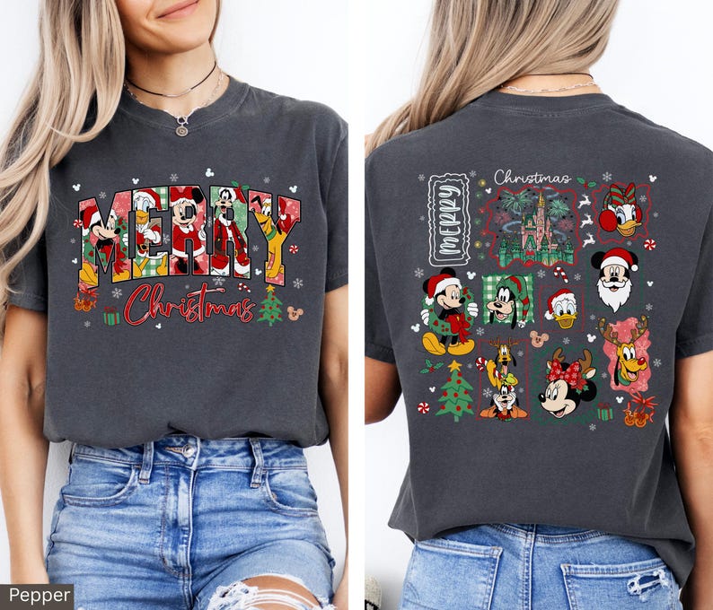 Disney Christmas Kids Shirt Comfort Colors® Mickey And Friends Holiday Tee, Christmas Mickey Donald Goofy Pluto Santa, Front And Back Xmas