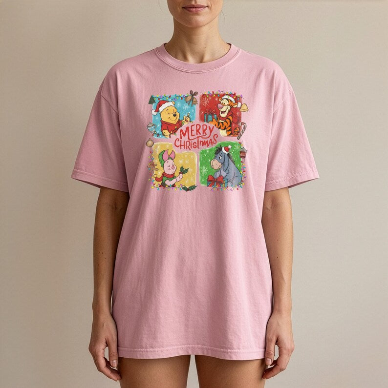 Winnie the Pooh Christmas Shirt, Comfort Colors Unisex Tee, Tigger Eeyore Piglet, Merry Christmas