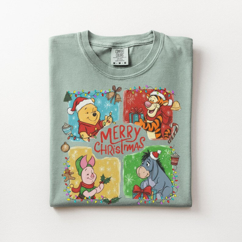 Winnie the Pooh Christmas Shirt, Comfort Colors Unisex Tee, Tigger Eeyore Piglet, Merry Christmas