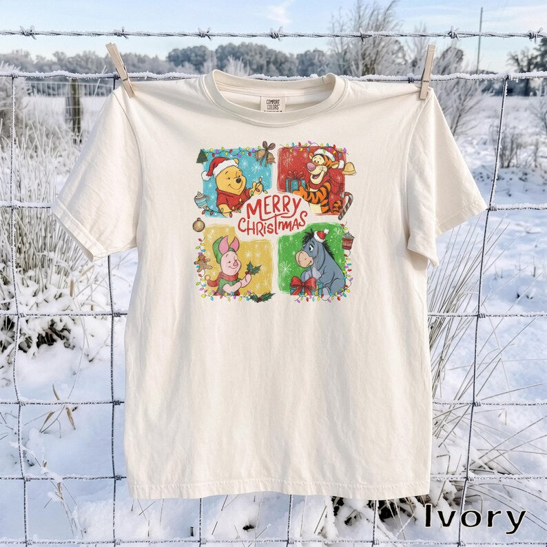 Winnie the Pooh Christmas Shirt, Comfort Colors Unisex Tee, Tigger Eeyore Piglet, Merry Christmas