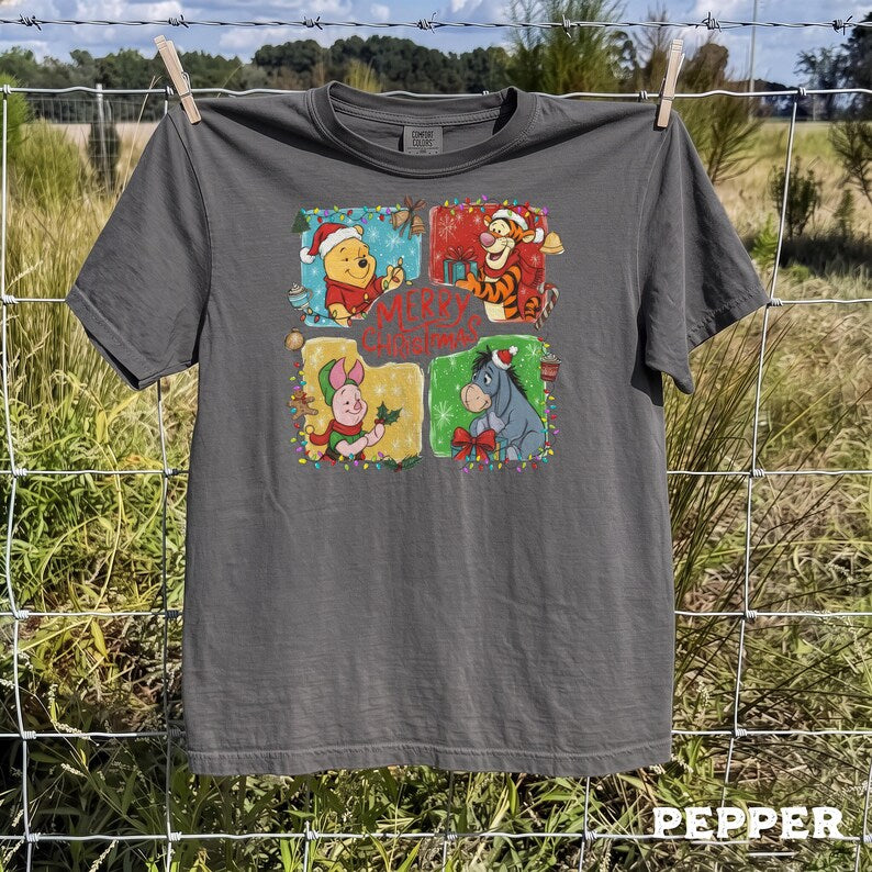 Winnie the Pooh Christmas Shirt, Comfort Colors Unisex Tee, Tigger Eeyore Piglet, Merry Christmas