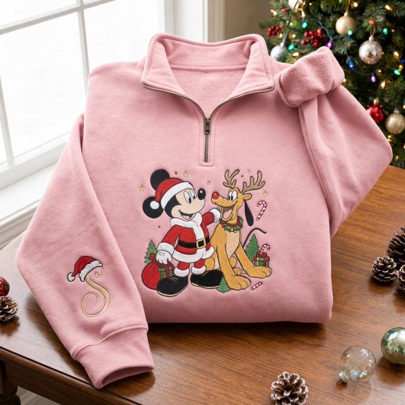 EMBROIDERED Mickey Mouse Pluto Christmas Sweatshirt, Disney Santa Mickey Reindeer Pluto Quarter Zip, Personalized Holiday Shirt, Xmas Gift