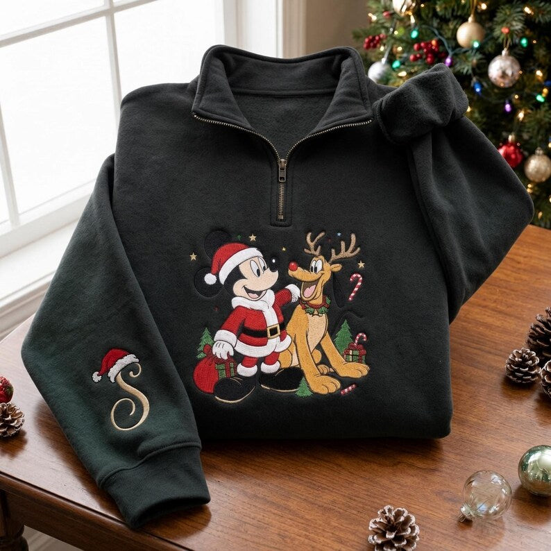 EMBROIDERED Mickey Mouse Pluto Christmas Sweatshirt, Disney Santa Mickey Reindeer Pluto Quarter Zip, Personalized Holiday Shirt, Xmas Gift