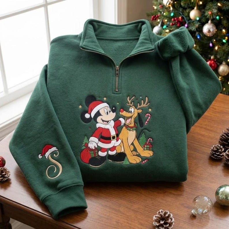 EMBROIDERED Mickey Mouse Pluto Christmas Sweatshirt, Disney Santa Mickey Reindeer Pluto Quarter Zip, Personalized Holiday Shirt, Xmas Gift
