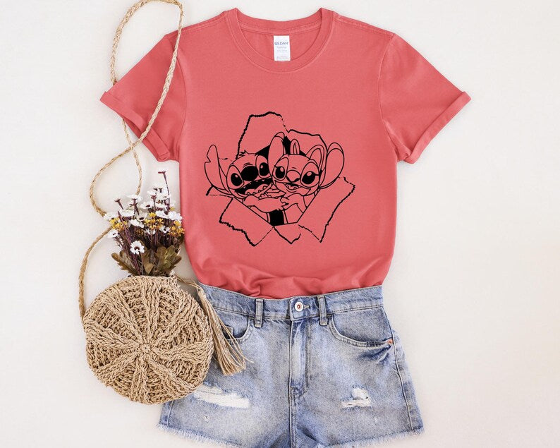 Angel and Stitch Torn Paper T-Shirt, Peeking Character Pair
